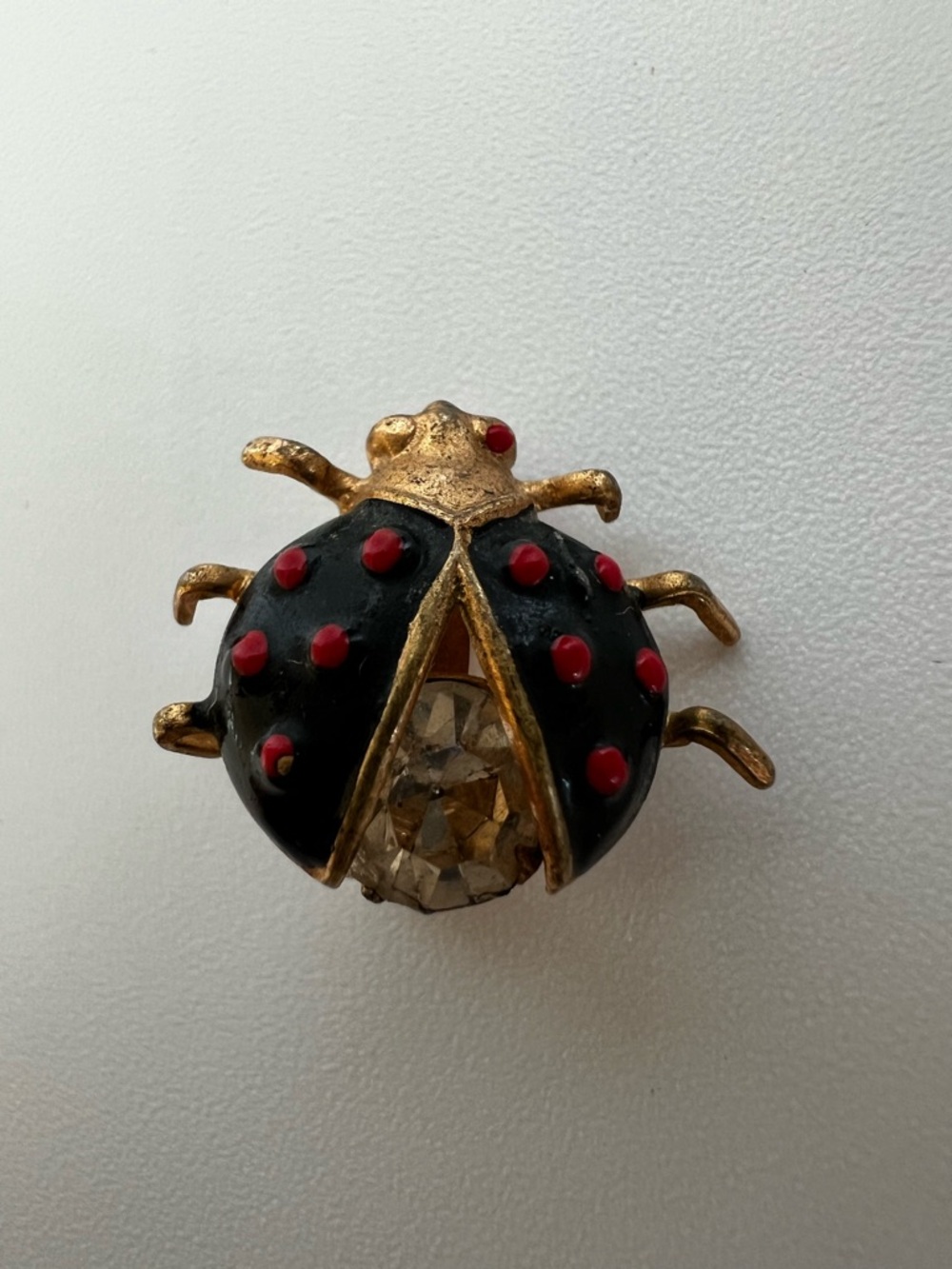 Vintage Little Black & Red Lady Bug Brooch Pin, Enamel & Rhinestone Gold Tone